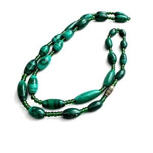 Vintage Artisian Genuine Green Malachite Barrel Clasp 1970s Retro Style